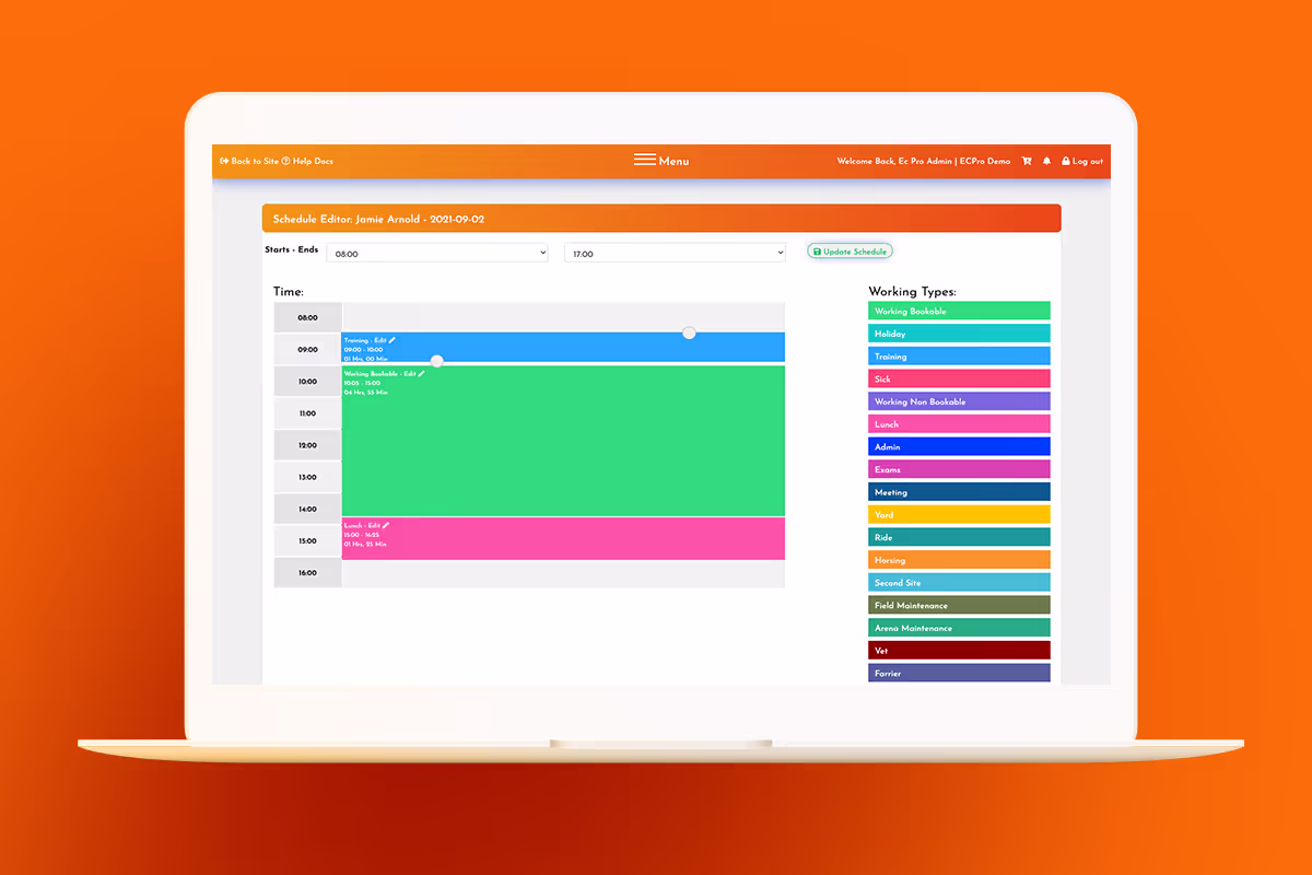 EC Pro staff scheduling screen